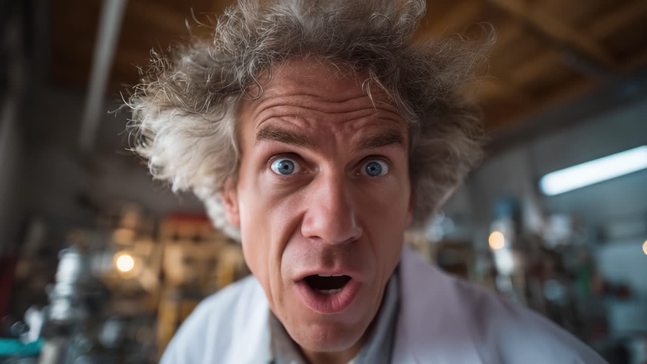 Uno scienziato eccentrico mostra un'espressione sorpresa in un ambiente di laboratorio, catturando l'intrigo e l'eccitazione della scoperta e dell'esplorazione scientifica
