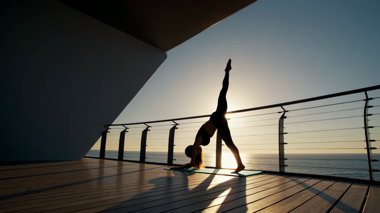Woman doing yoga poses in silhouette on an ocean-view balcony at sunrise or sunset
