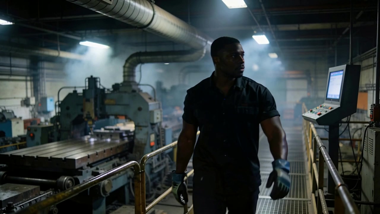 Walking worker wearing dark shirt and gloves entering catwalk from rear, checking console and mills
