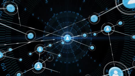 network of connected user icons and data points, digital communication animation