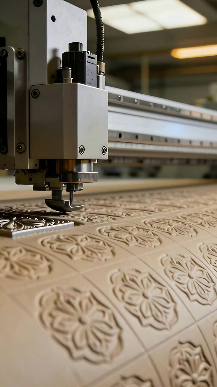 Vertical video: Following code gantry head pressing flower onto roll at plant making repeat relief