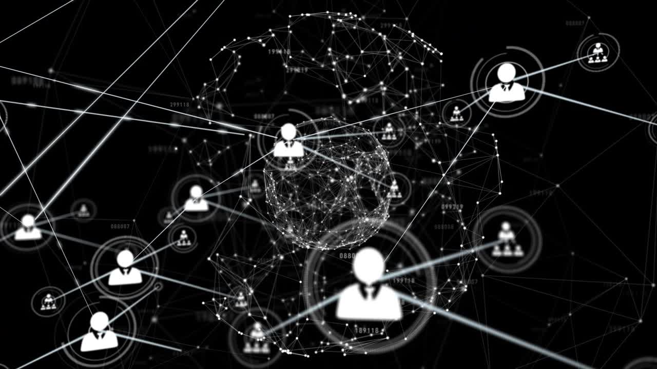 Animation of network of connections with icons on black background