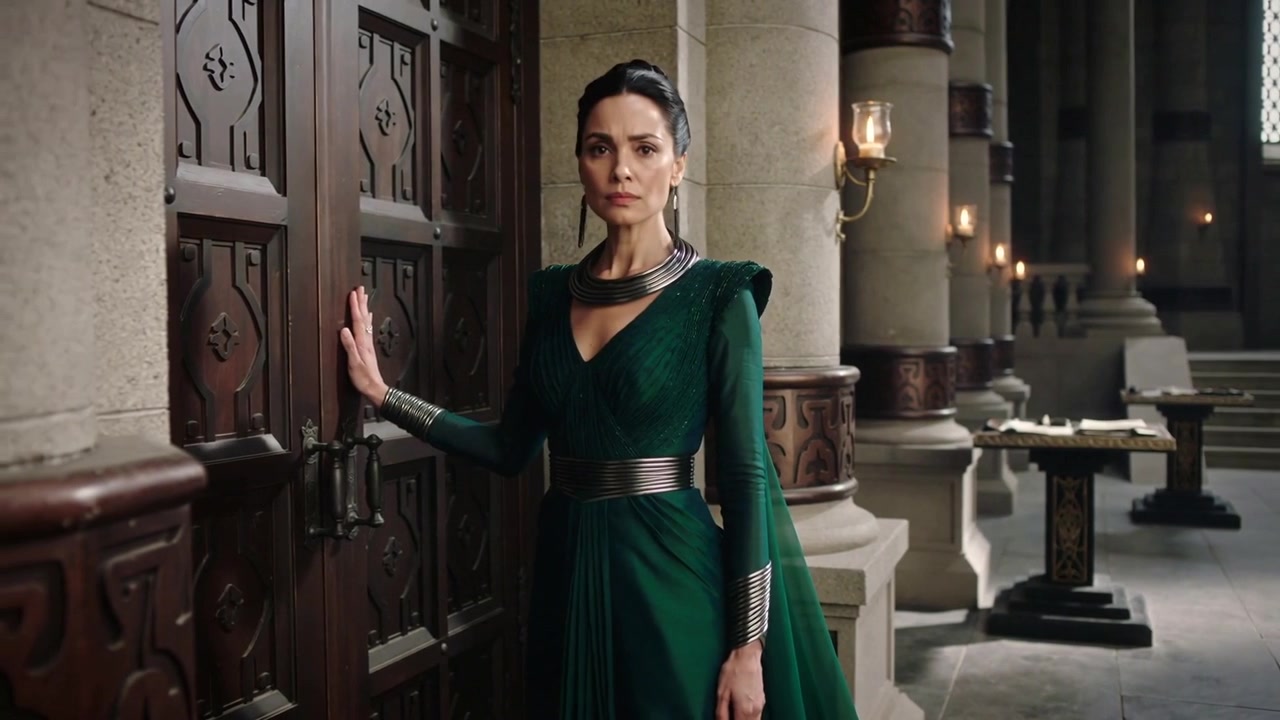 Approaching doors, woman in green gown with metallic belt placing palm on panels in great hall