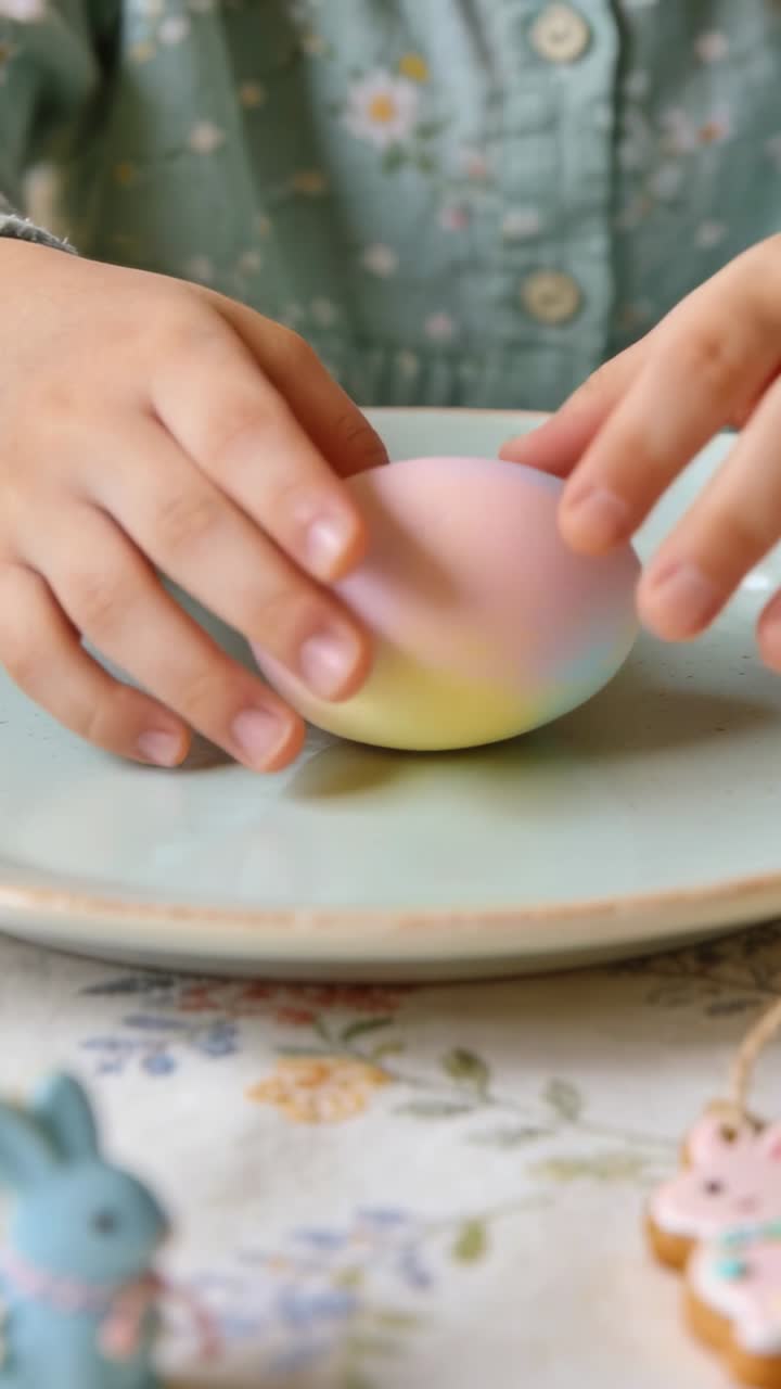 Vertical video: Reaching child centering pastel egg on blue plate at home with bunny, in floral top