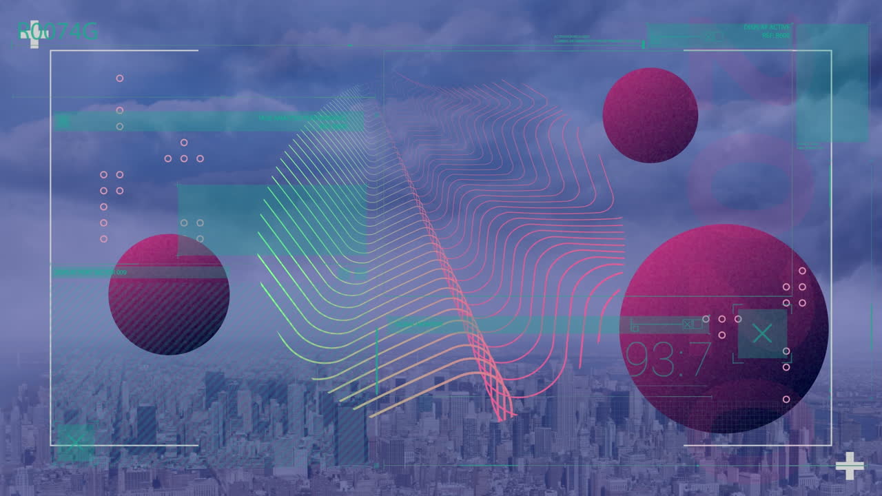 animación del procesamiento de datos con puntos sobre el paisaje urbano
