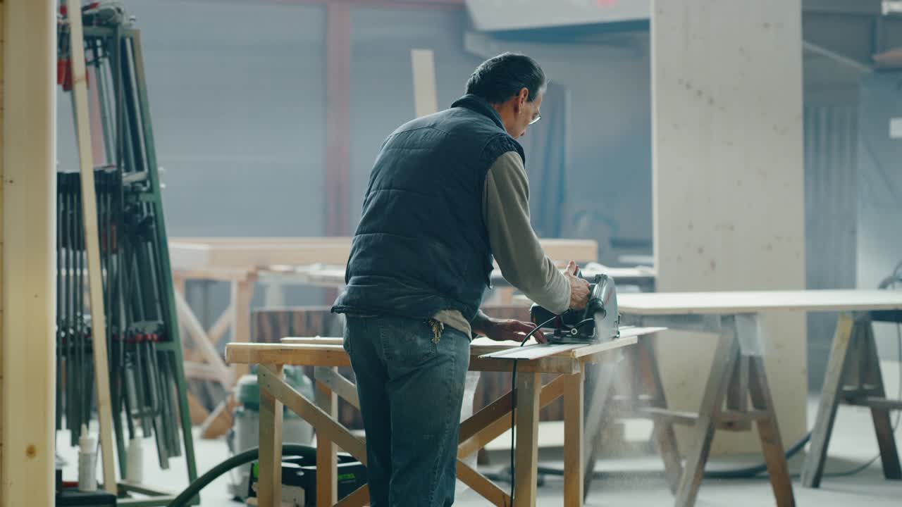 목공 공장의 작업실에서 목공 기계에서 일하는 전문 목공의 근접 사진.