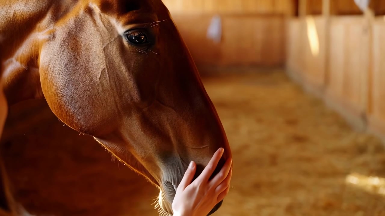 Gros plan sur le museau d'un cheval et une main caressante dans une étable chaude et ensoleillée, un soigneur apaise doucement une jument brune, doux