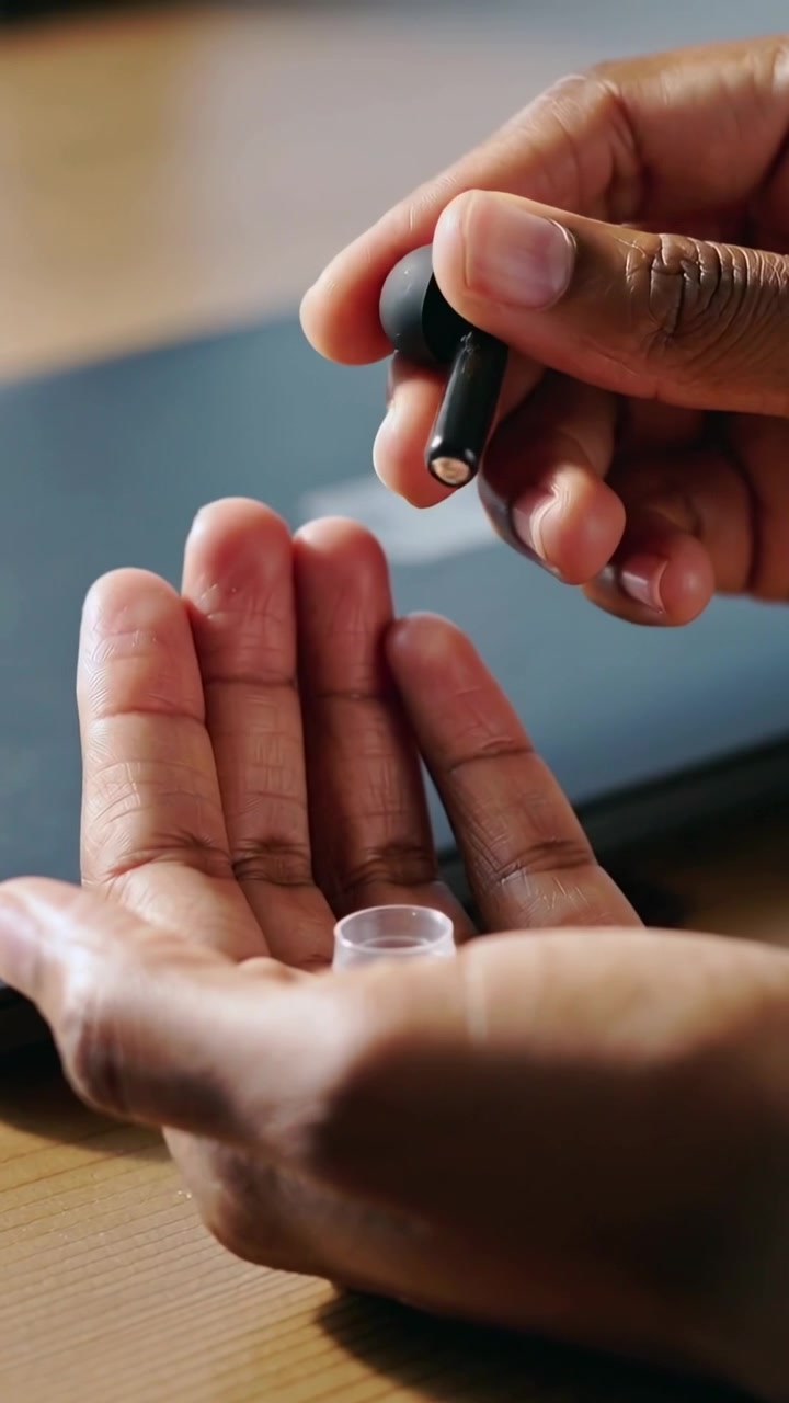 Video verticale: Mani che afferrano e sollevano un auricolare sopra un tappo trasparente sulla scrivania, montando la punta sullo stelo per l'utilizzo