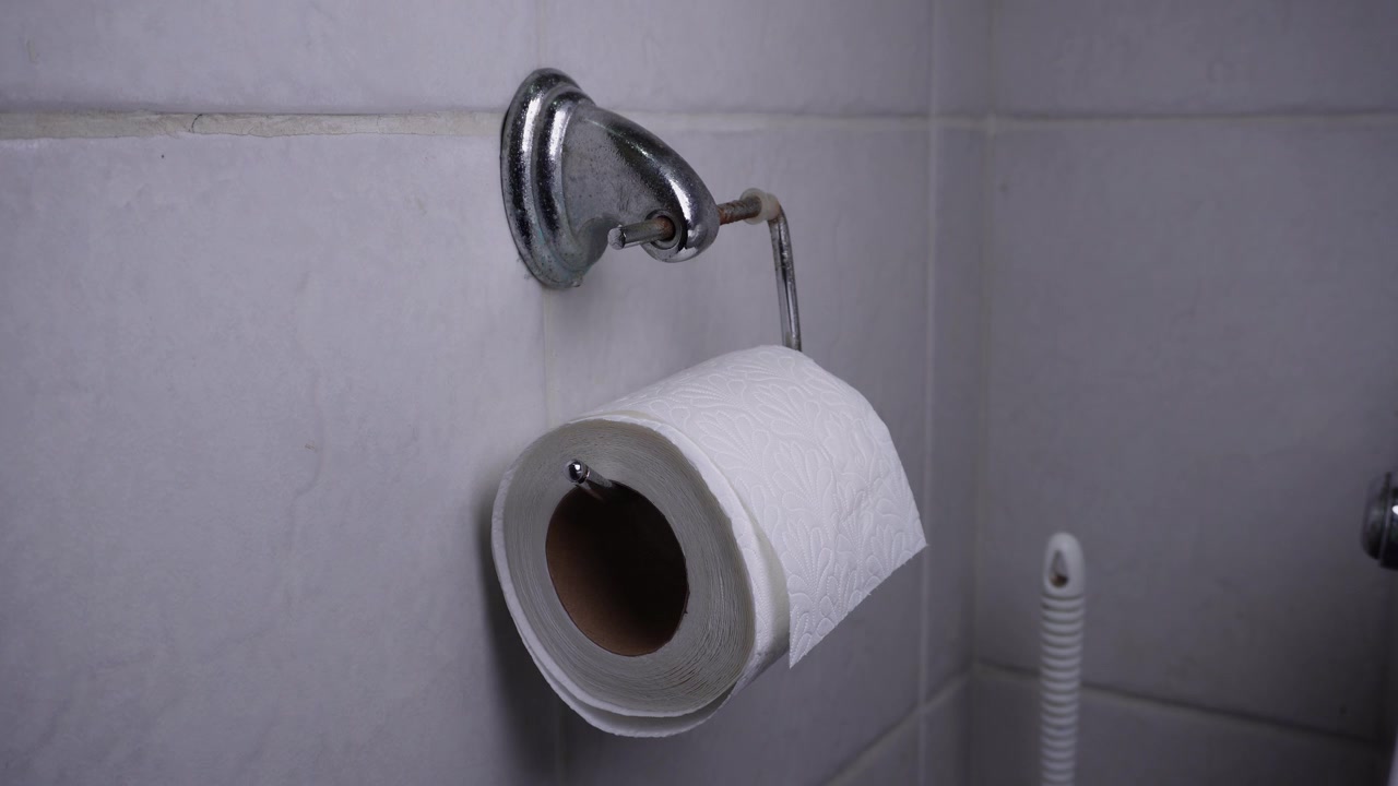 A static shot of a white toilet paper roll placed on a metal holder on a bathroom wall.