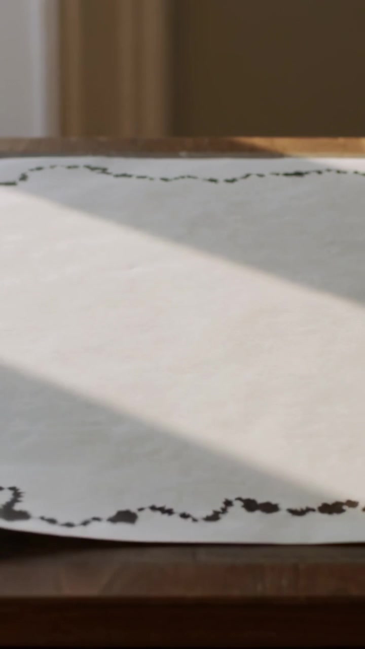 Vertical video: Sliding white sheet settling offscreen onto worn table at home showing scallop edge