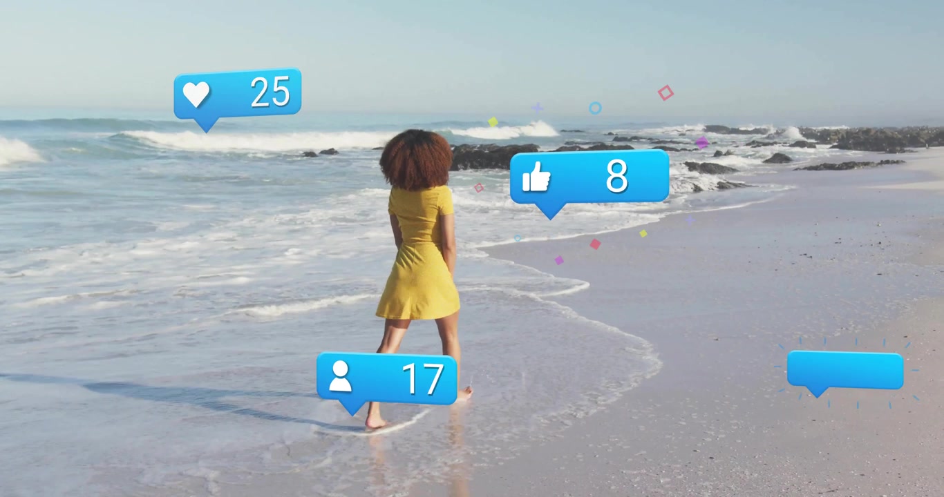 woman walking into surf on beach, social media likes comments reactions follower counts emerging