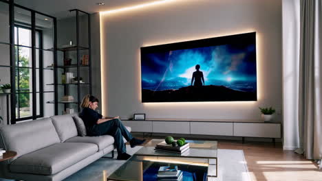 person watching a dramatic movie on a large tv in a modern living room