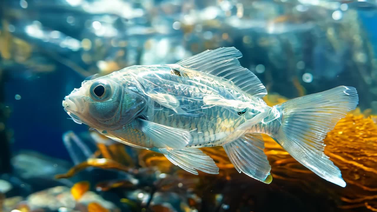 A fish is swimming in a body of water with plastic wrap covering its body. The fish appears to be struggling to swim and breathe