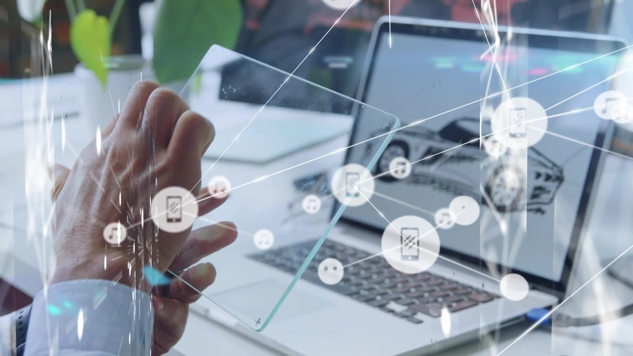 Animation of network of connections over person using tablet