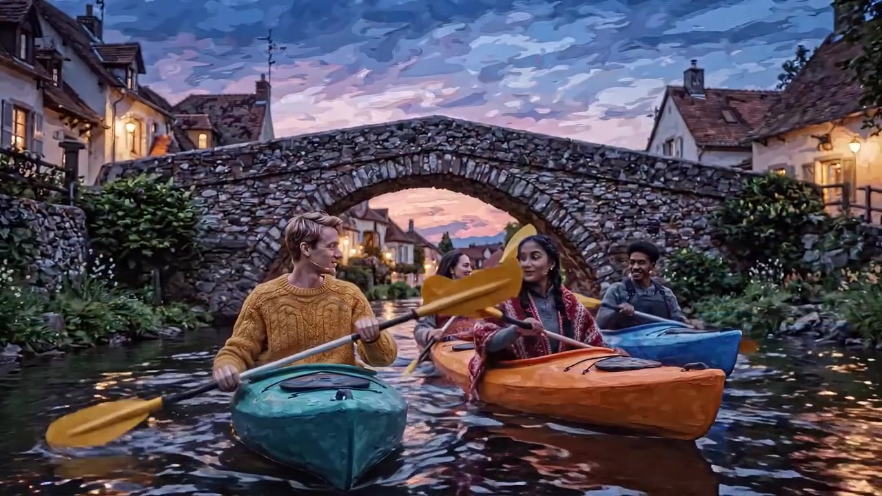 Venner nyter en kajakktur i solnedgang på en rolig elv, omgitt av sjarmerende hus i en pittoresk landsby med fargerike refleksjoner i vannet