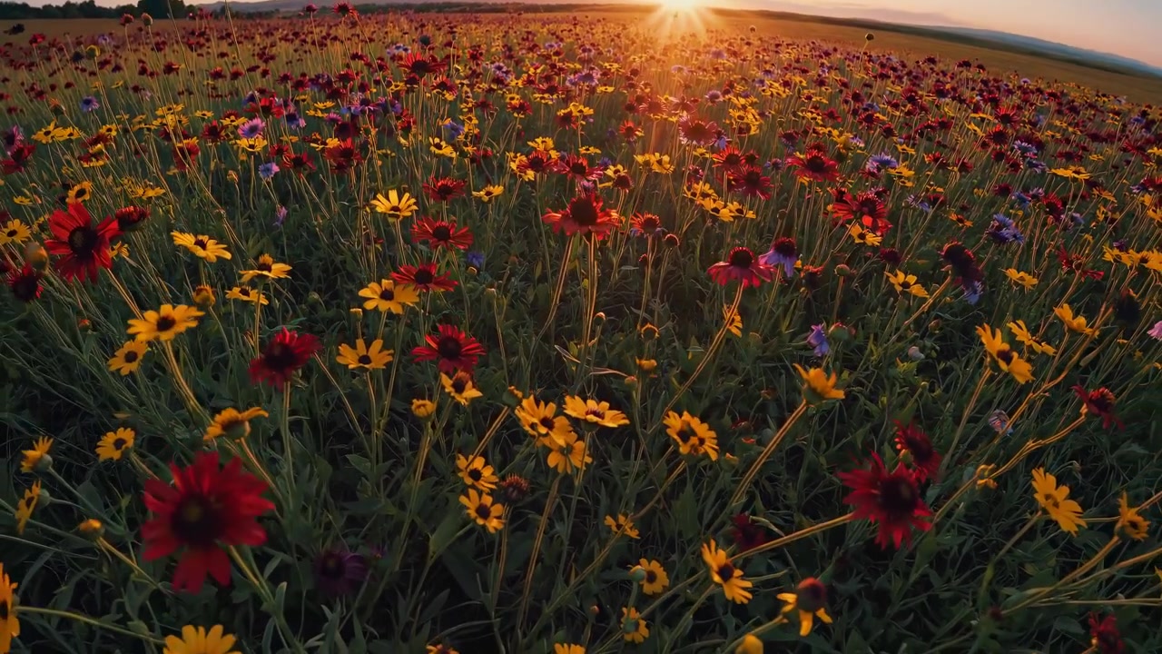 Um prado vibrante de flores silvestres ao pôr-do-sol