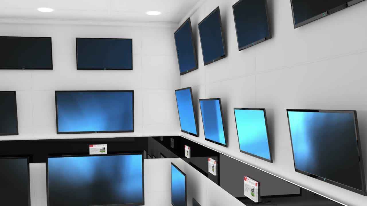 빛나는 파란색 스크린을 가진 텔레비전 세트의 줄의 애니메이션