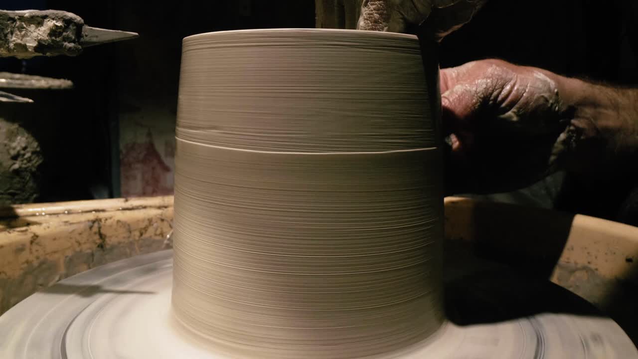 Close-up view of wet clay vessel spinning on potter's wheel showing textured throwing lines. Unfinished ceramic pot rotating rapidly during formation process in artisan workshop
