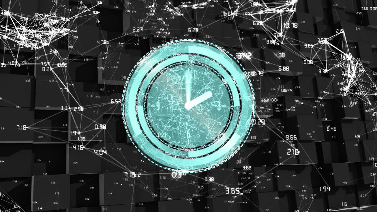 어두운 배경에 연결 네트워크와 시계의 애니메이션