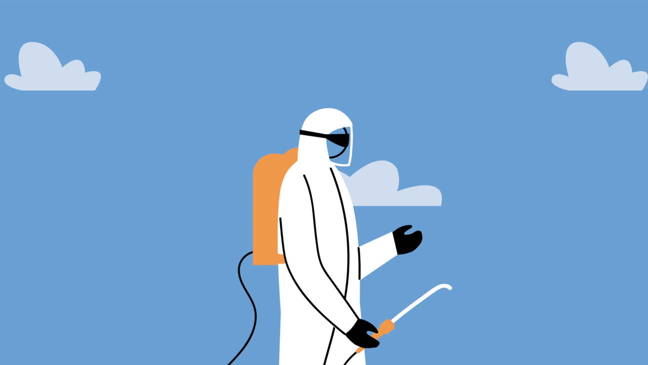 trabajador con traje de bioseguridad y servicio de pulverización de desinfectante