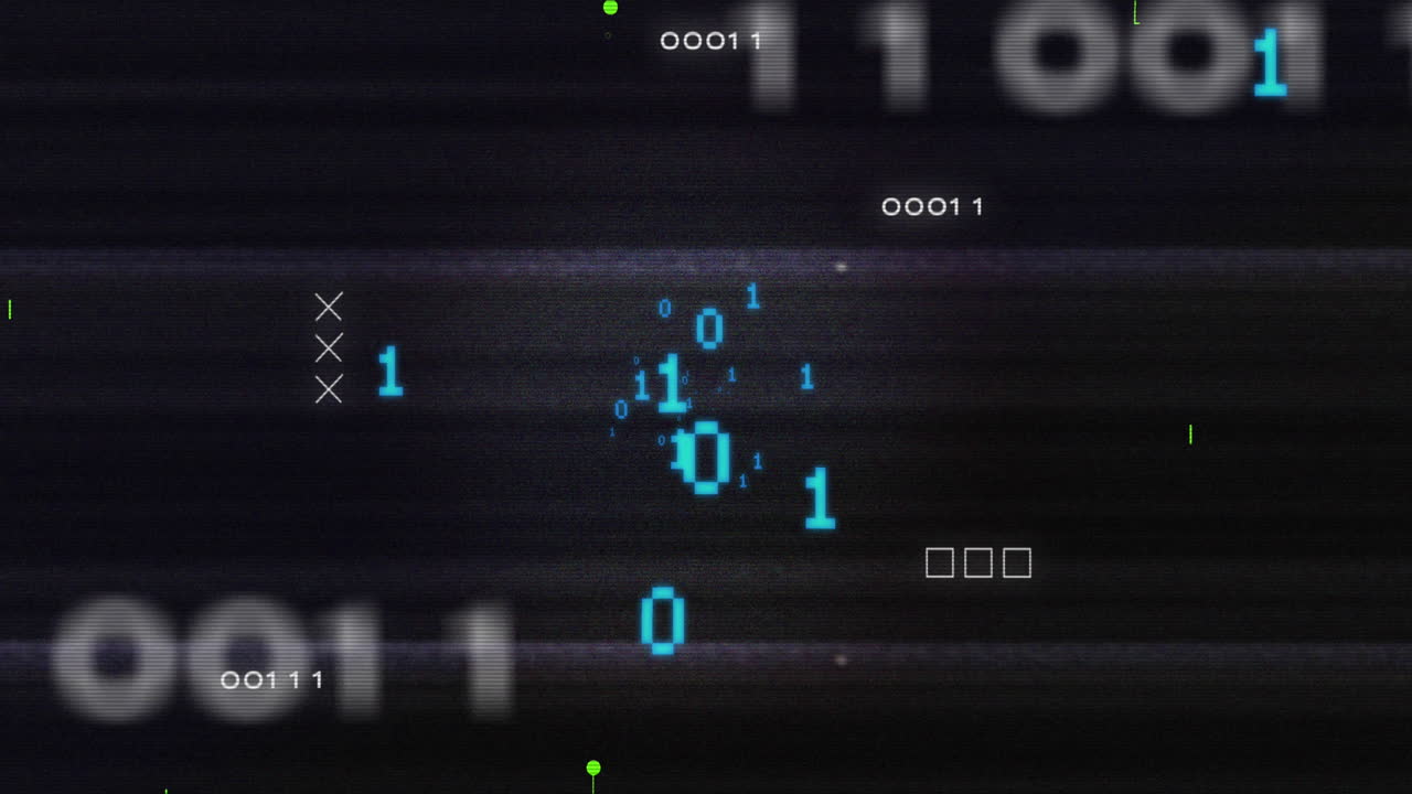 검은 바탕에 있는 회로판 패턴 위에 루핑 바이너리 코드의 애니메이션