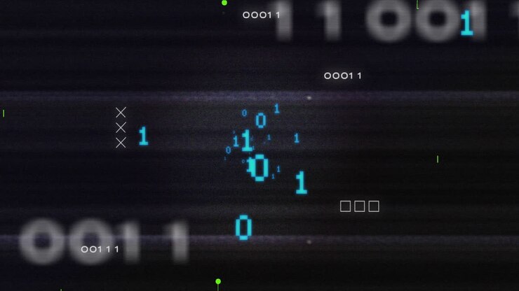 Animation of looping binary codes over circuit board pattern against black background