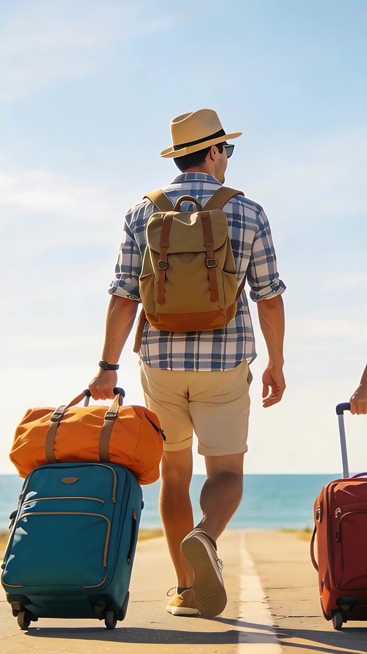 Video vertical: Hombre caminando siguiendo un camino hacia el mar, tirando de una maleta azul, llevando sombrero y mochila