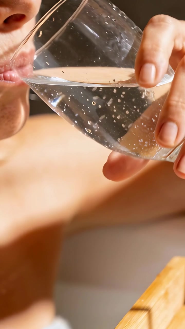 Vertikal video: Kvinde i håndklæde nipper til danskvand efter bad, fører stilkløst glas til læberne.