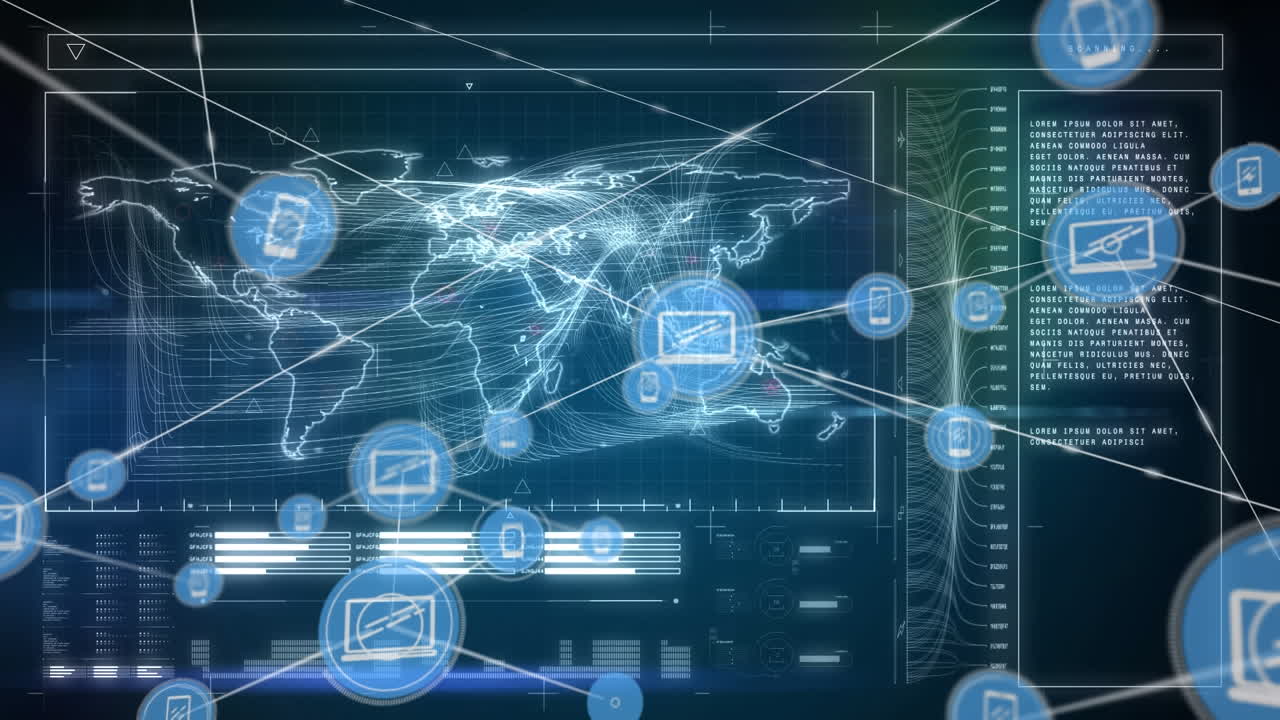 Animation of network of digital icons over interface with data processing against blue background