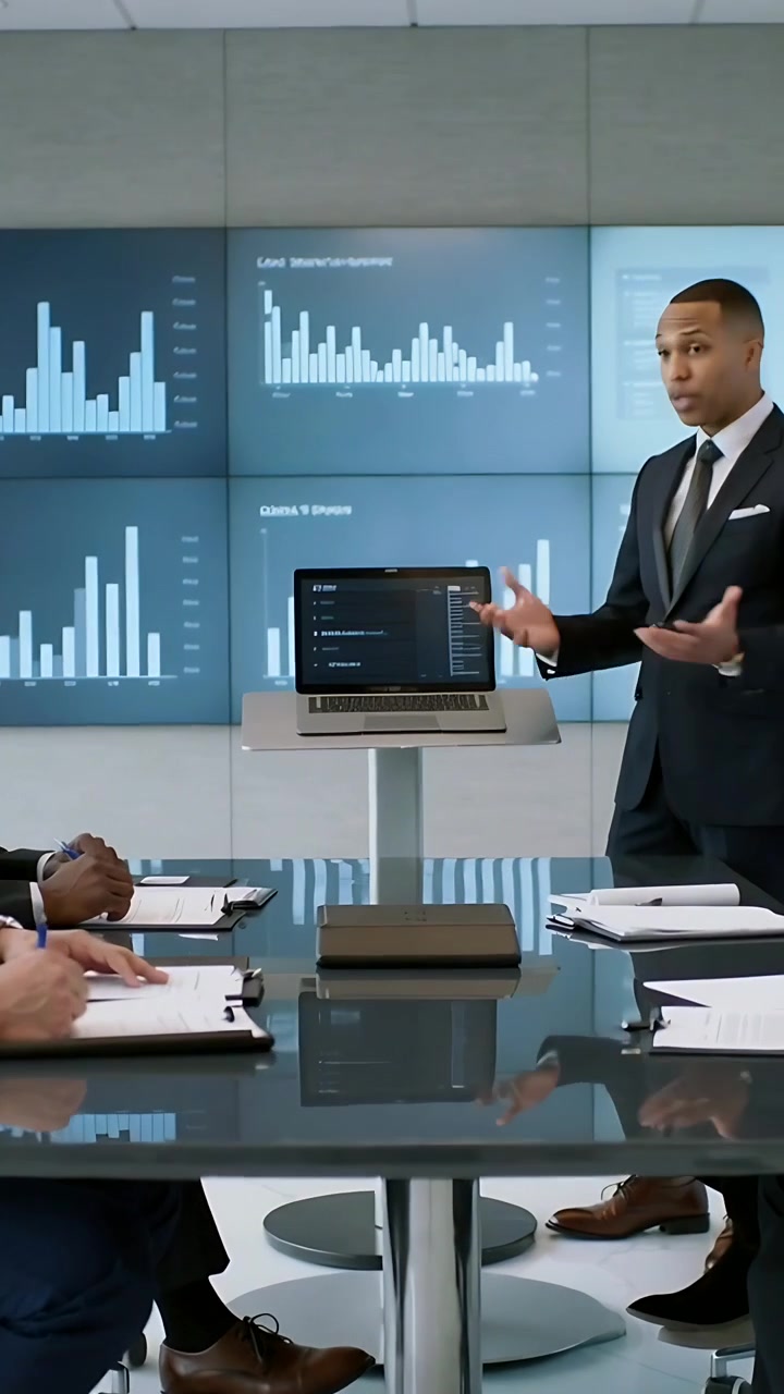 Vertical video: Suited man showing charts at table as meeting starting, with laptop, copy space