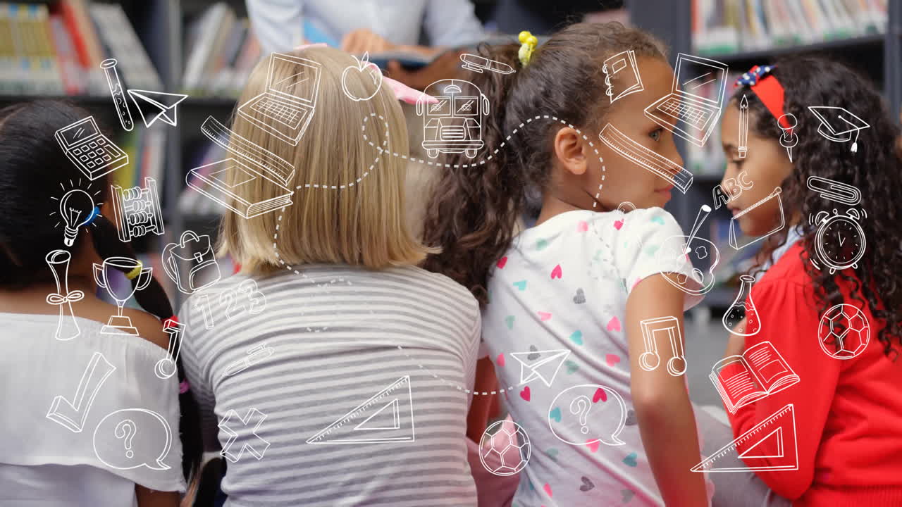 Sitting together, children with school-themed animation doodles overlaying scene