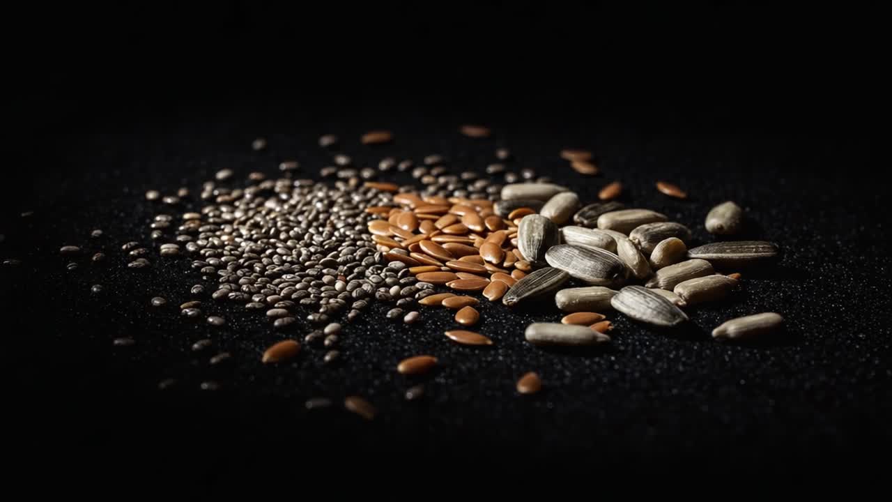 A Close-Up Exploration of Various Seeds Highlighting the Unique Textures, Shapes, and Colors of Sunflower, Chia, and Flax Seeds Against a Dark Background