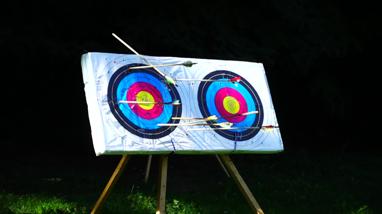 Archery. The arrow hit the target. Slow motion