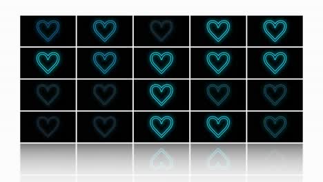 Pulsing-neon-blue-hearts-pattern-in-rows