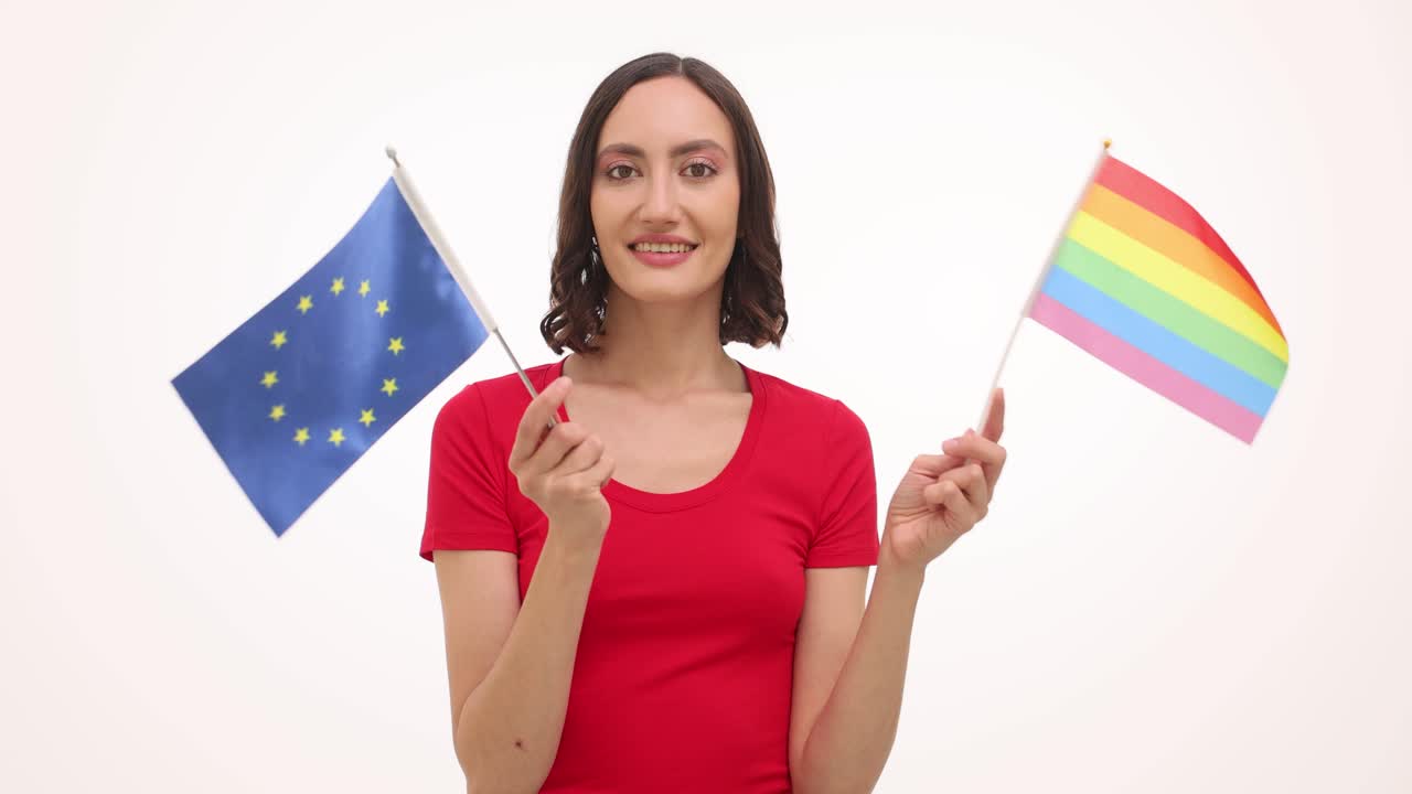 Woman with EU and Pride flags