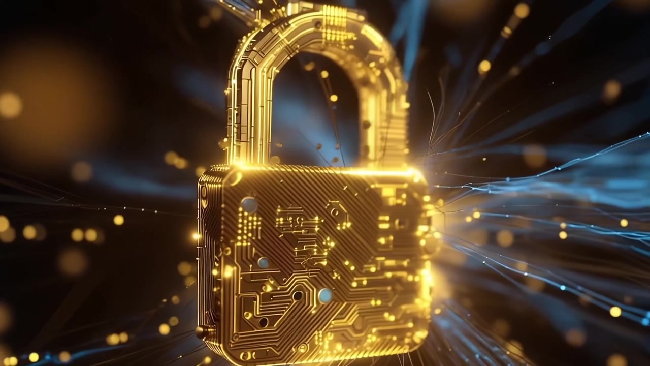 Cybersecurity Concept with Golden Circuit Board Padlock