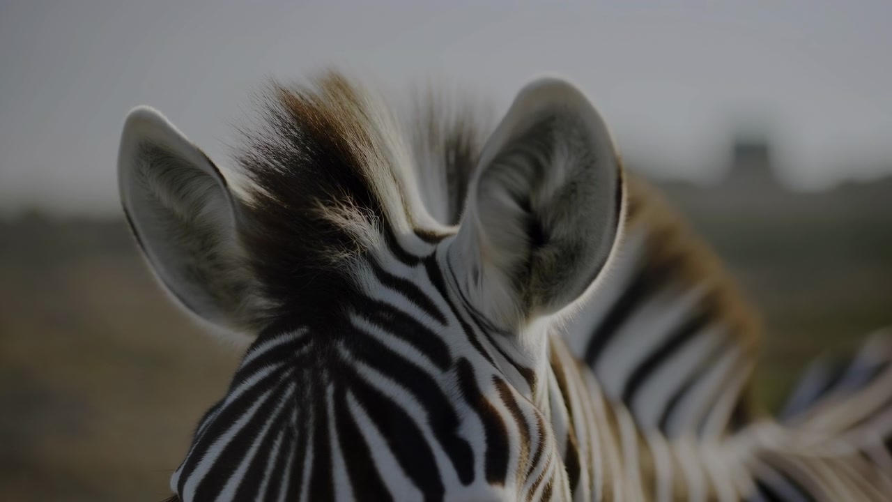 Tæt bagfra-billede af et zebra-hoved og øvre hals, der viser oprejste ører, kort opretstående manke og markante sorte og hvide striber på pelsen, med blødt naturligt lys og rolig vildtlevende tilstedeværelse på åben savanne