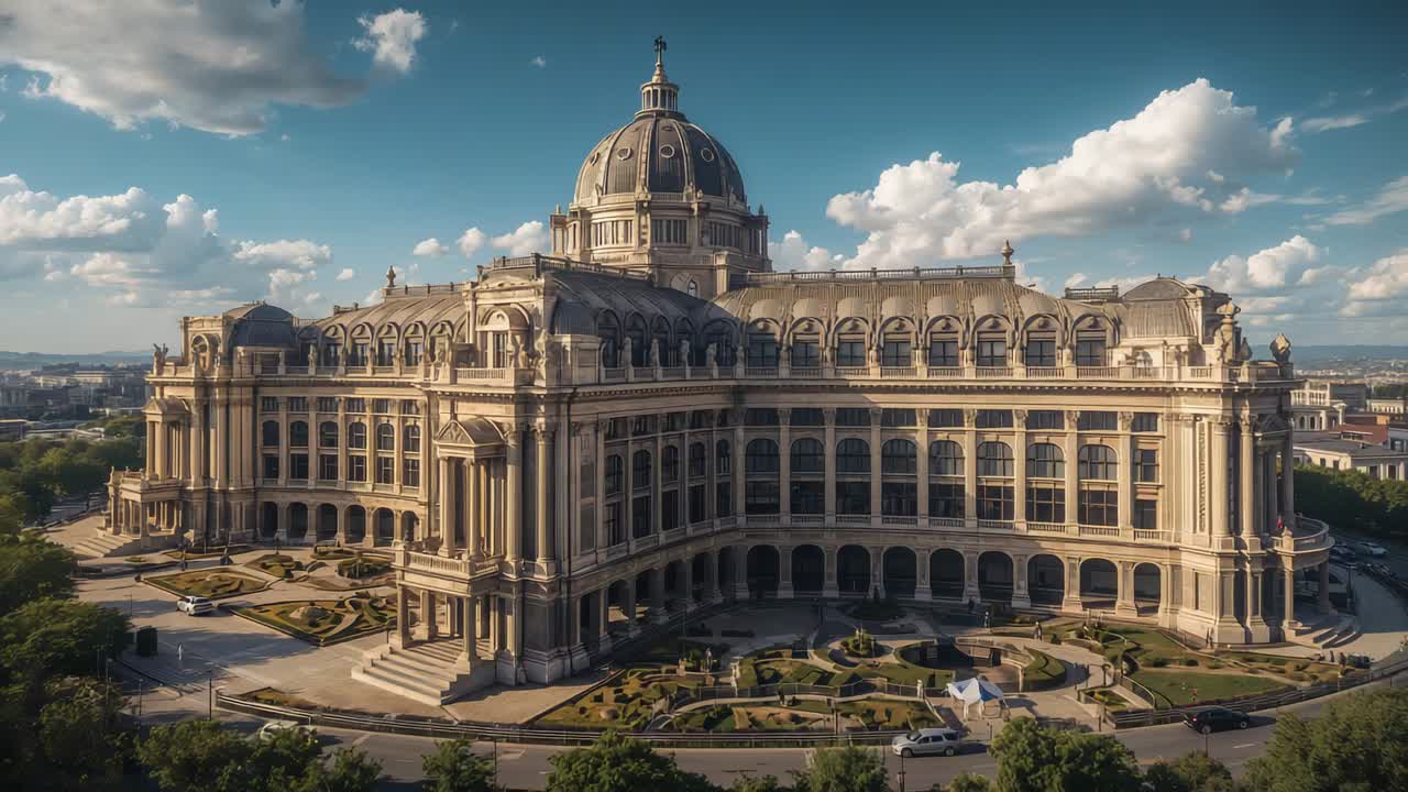 Comienzo de toma aérea, dron haciendo una panorámica hacia delante de un gran edificio cívico en la plaza, mostrando la cúpula y los jardines