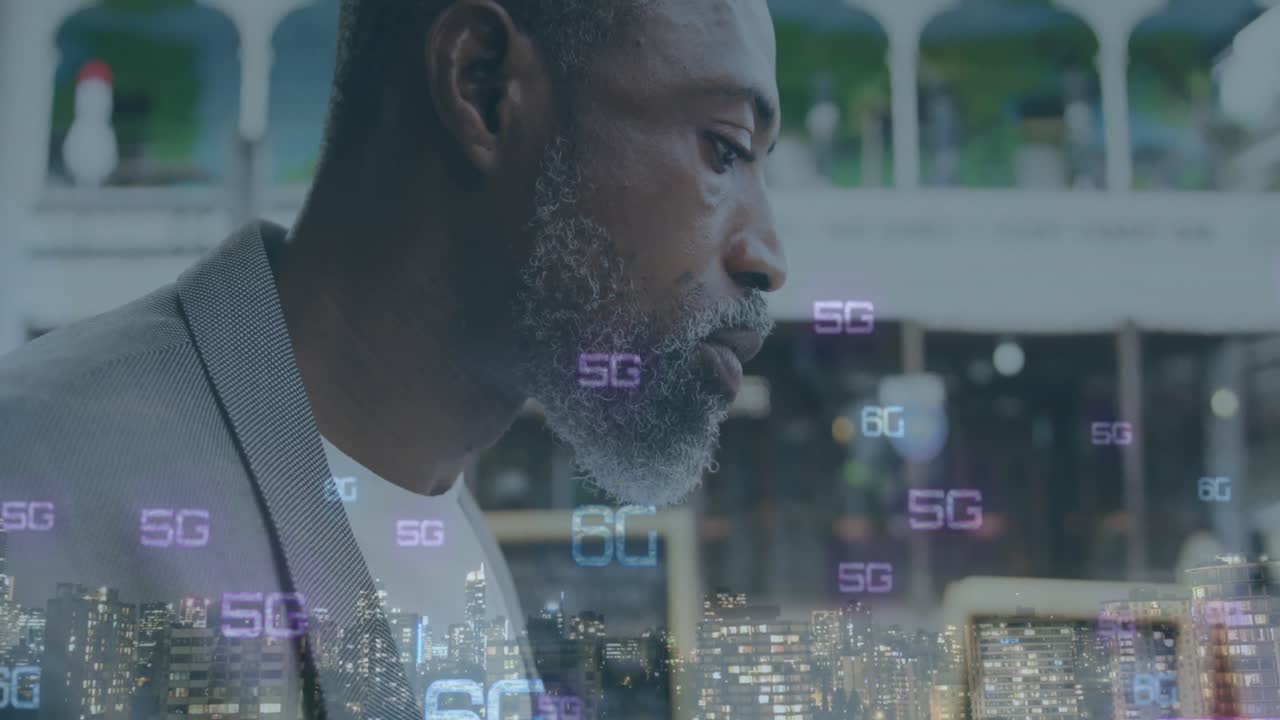 Animation of 6g text and cityscape over african american businessman eating