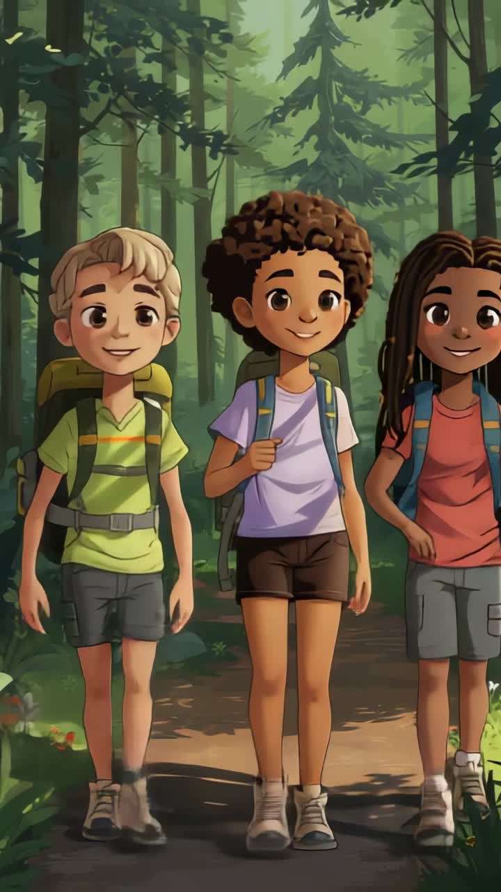 Vertikales Video: Drei Kinder wandern auf einem Waldweg, Kamera verfolgt, Rucksäcke sichtbar