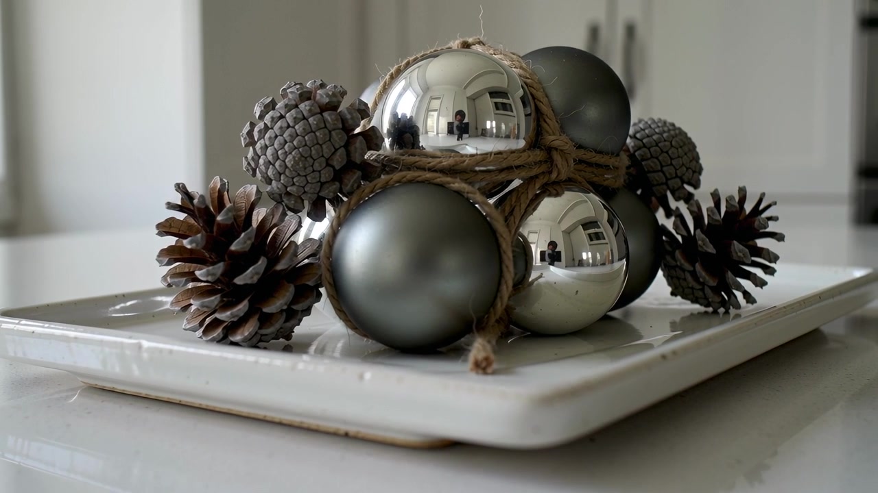 Moving camera closing in to highlight front ornaments and pinecones on white plate in kitchen