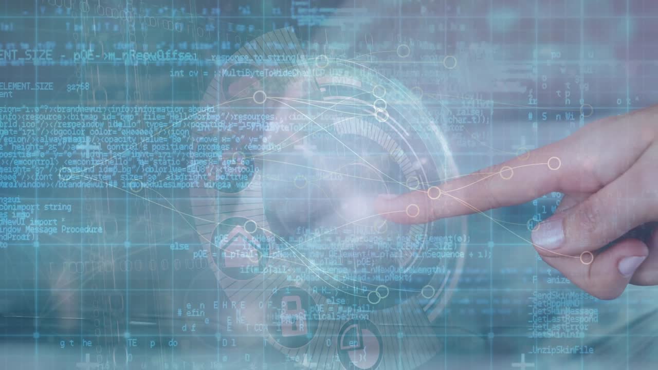 Data processing and network of connections over a hand touching invisible screen and hand typing
