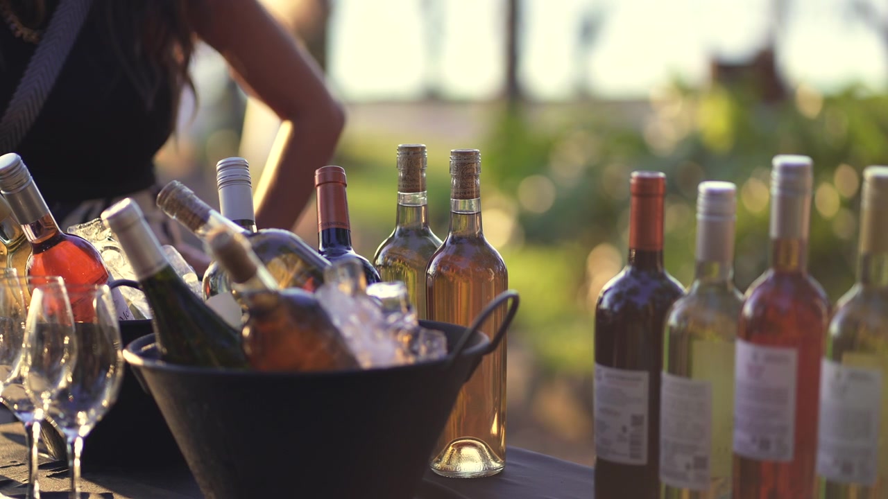 Bottiglie di vino in fresco in un secchiello pieno di ghiaccio, pronte per essere servite a una celebrazione all'aperto, riprese al rallentatore, effetto bokeh nello sfondo soleggiato