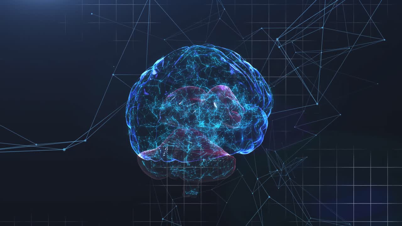 Spinning brain against network of connections on black background