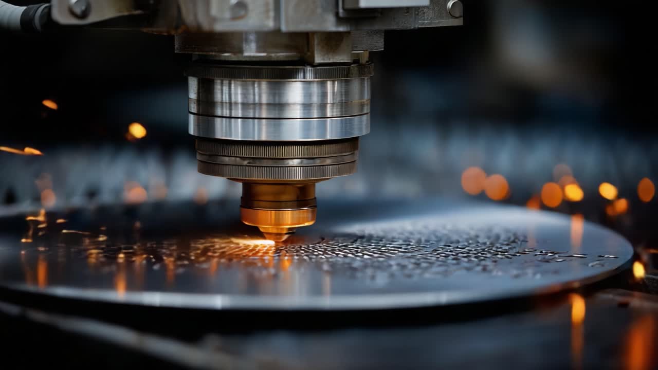 Precision Metal Cutting with Laser Technology: Capturing the Intricate Process of Laser Machinery Generating Sparks on Metal Sheets