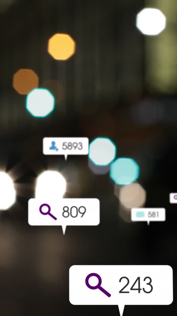 Animation of social media icons and numbers over road traffic and cityscape