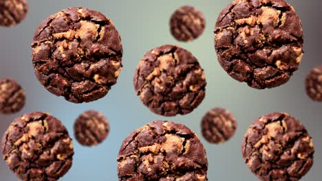 una corriente de galletas de chocolate de colección de diferentes diámetros diámetros en un fondo de color blanco. imágenes 4k uhd. diseño futurista, diseño de movimiento animación. diseño de arte pop, concepto creativo de dulces de navidad comida
