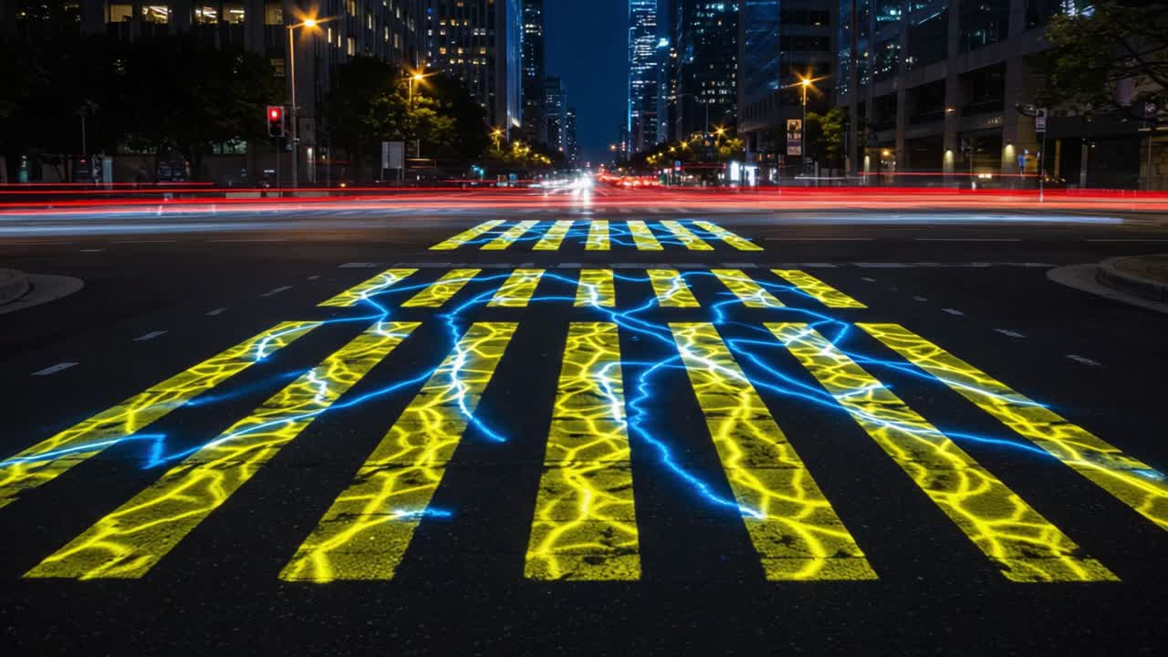 Illuminated Pedestrian Crossing in Urban Night Scene: Electric Light Patterns on Zebra Stripes Creating a Vibrant and Modern Atmosphere in a Cityscape