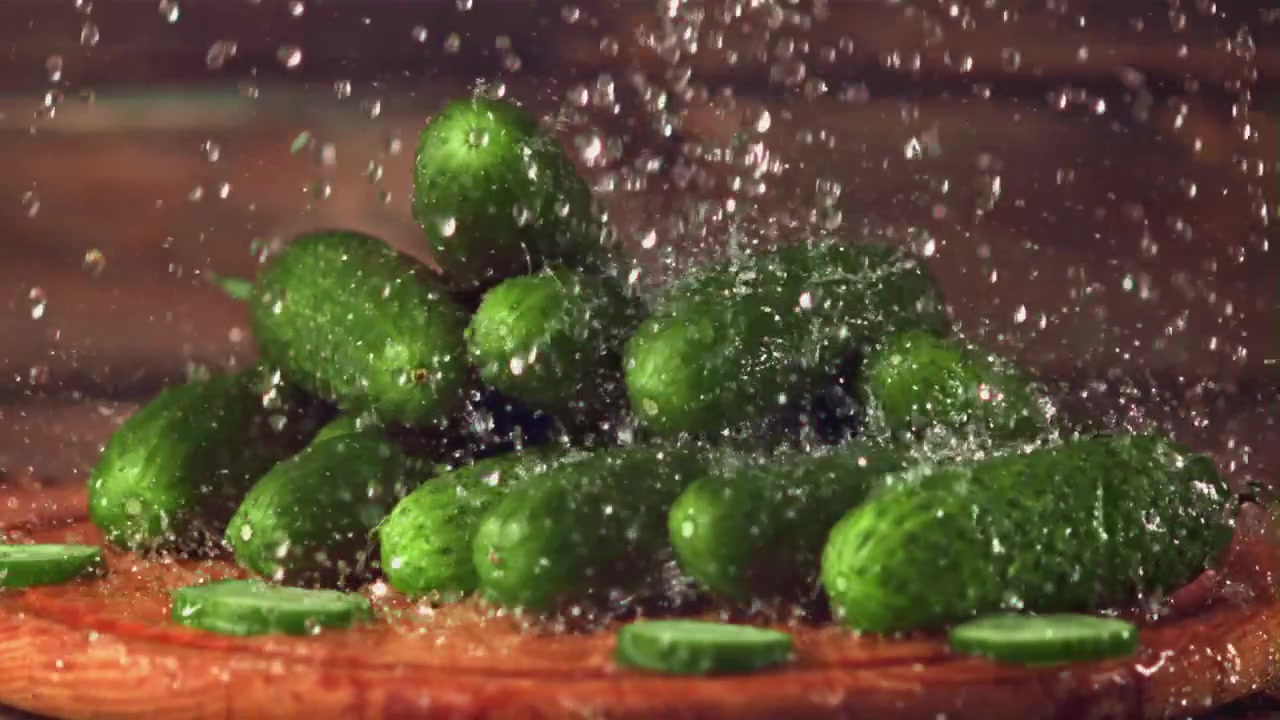 Éclaboussures d'eau au ralenti sur des concombres verts frais et des tranches.