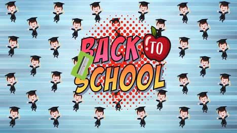 Animation-Von-„Back-To-School“-Texten-über-Schulartikel-Symbolen-Auf-Blauem-Hintergrund